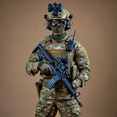 Soldier holding rifle in camouflage gear