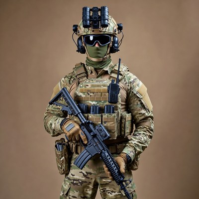 Soldier holding rifle in camouflage gear