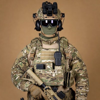 Soldier in Camouflage Gear with Rifle