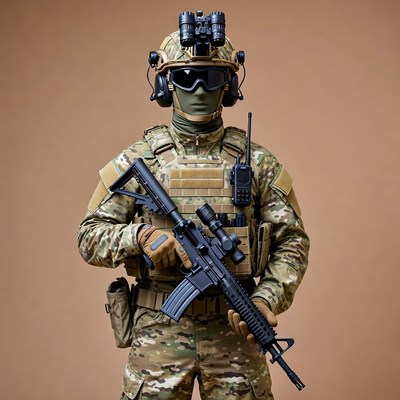 Soldier holding rifle in camouflage gear