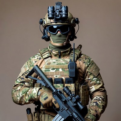 Soldier in Camouflage Holding Rifle