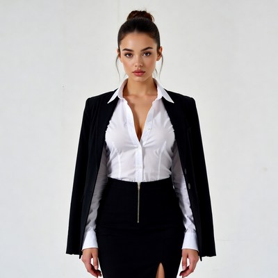 Woman in black blazer and white blouse
