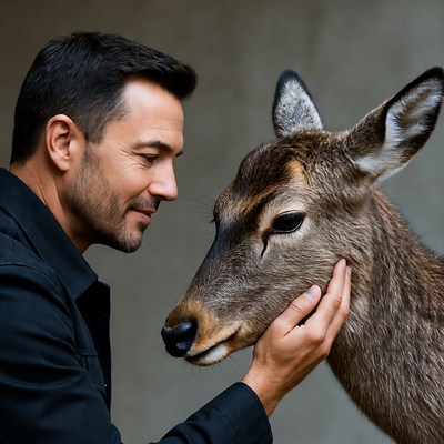 Man gently petting baby deer