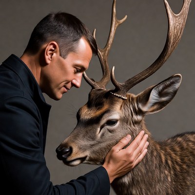 Man gently petting deer