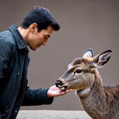 Man feeding young deer