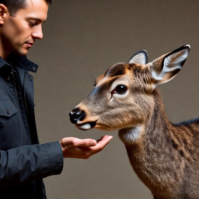 Man feeding baby deer