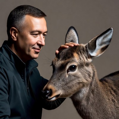 Man petting young deer