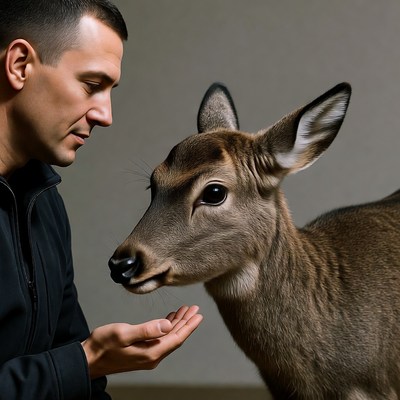 Man feeding baby deer