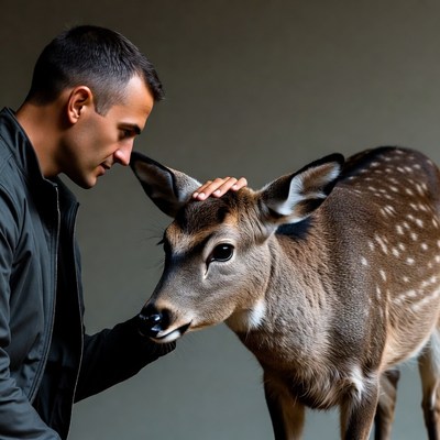 Man petting baby deer