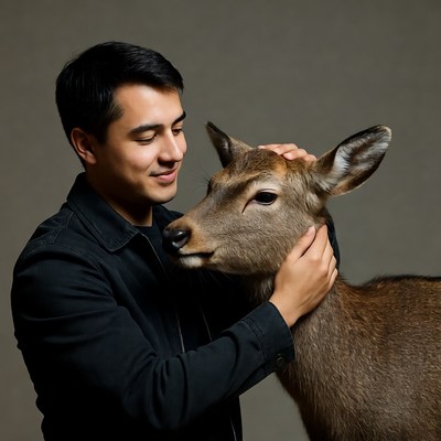Man petting young deer
