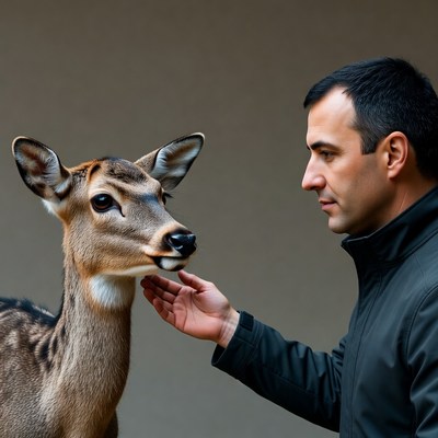 Man petting young deer