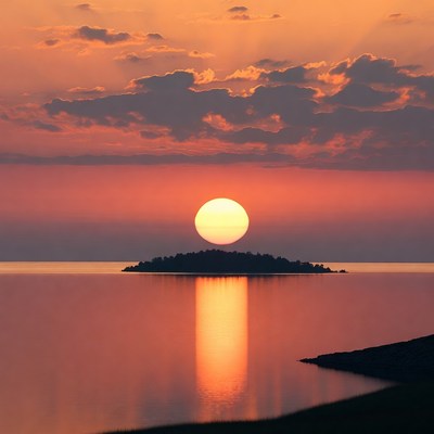 Sunset over island in calm lake