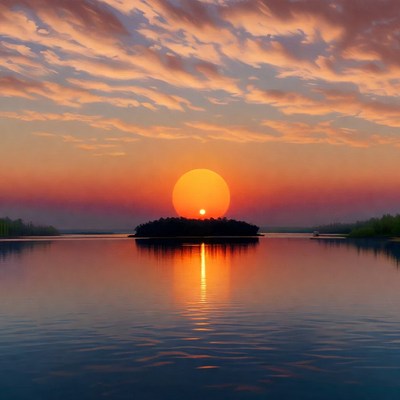 Sunset over island in lake