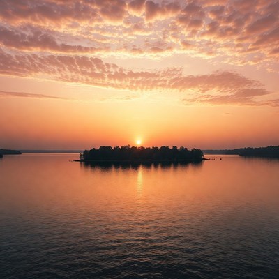 Sunset over forested island in lake