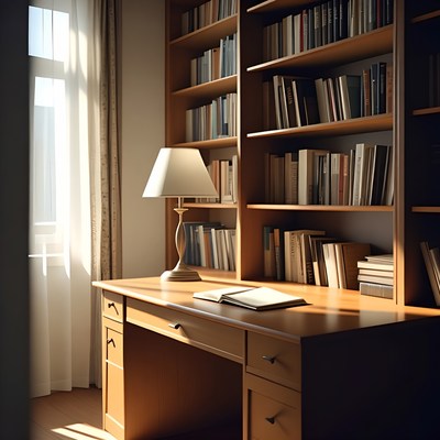 Wooden Desk with Open Book in Library