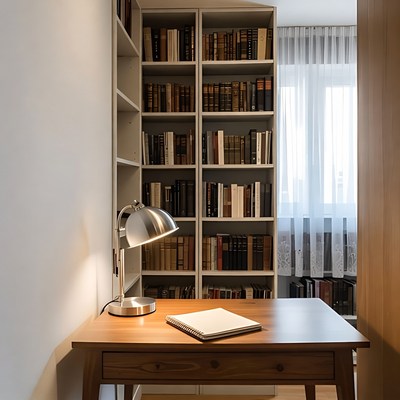 Desk with Lamp and Bookshelves