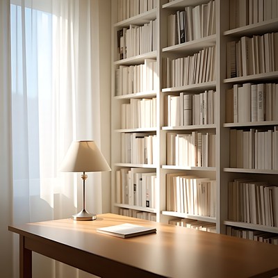 Bookshelves with Desk and Lamp