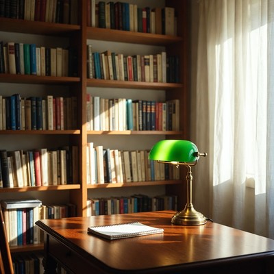 Green lamp on wooden desk with bookshelves