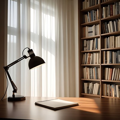Desk Lamp on Wooden Desk with Bookshelves