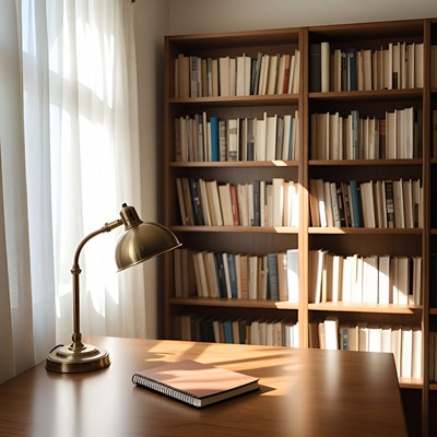 Desk Lamp on Wooden Desk with Bookshelves