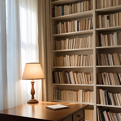 Cozy Bookshelf with Lamp and Desk