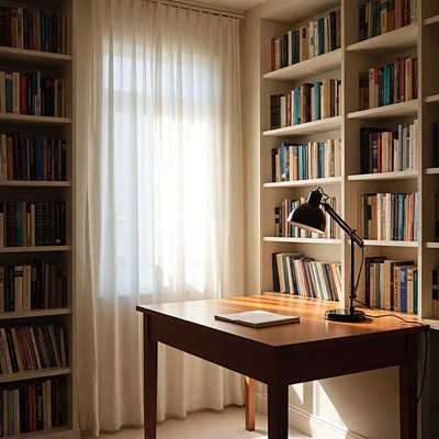 Cozy library desk with lamp