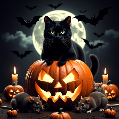 Black Cat on Halloween Pumpkin