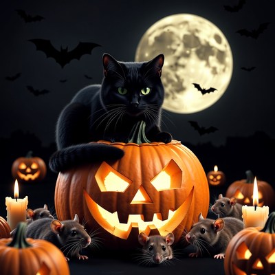 Black Cat on Halloween Pumpkin