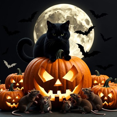 Black Cat on Halloween Pumpkin with Rats