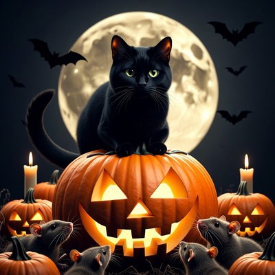 Black Cat on Halloween Pumpkin