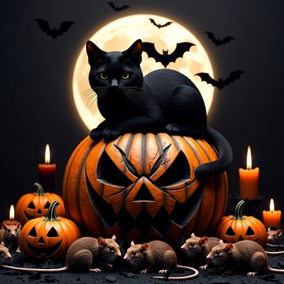 Black Cat on Halloween Pumpkin
