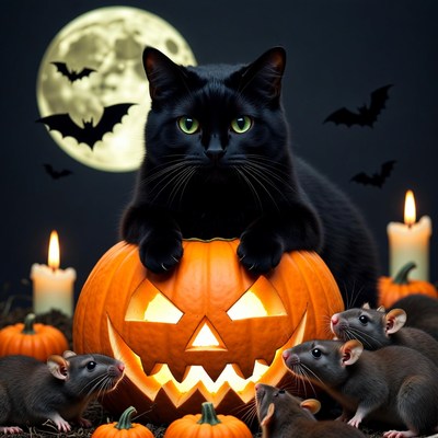 Black Cat on Halloween Pumpkin with Rats