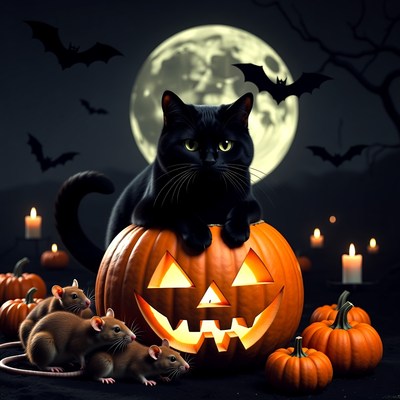 Black Cat on Halloween Pumpkin
