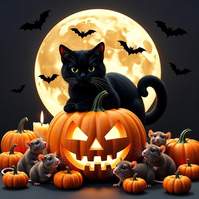 Black Cat on Halloween Pumpkin