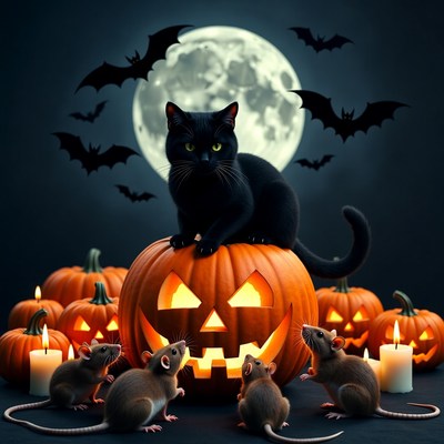 Black Cat on Halloween Pumpkin with Rats