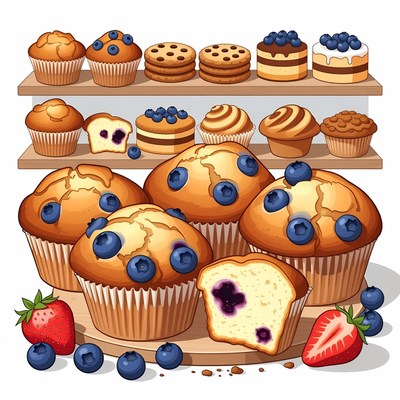 Blueberry Muffins on Wooden Shelf