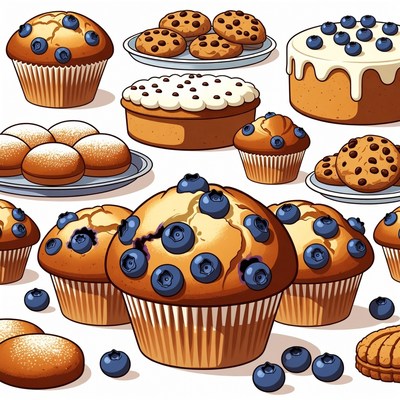 Assortment of Blueberry Muffins and Pastries