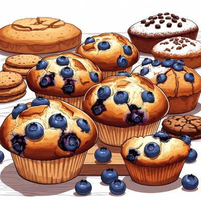 Assortment of Blueberry Muffins Illustration