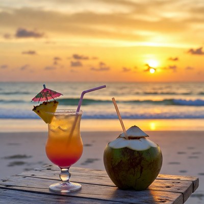 Pineapple Cocktail and Coconut on Beach