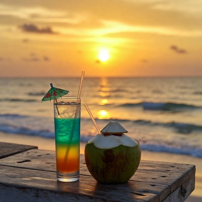 Tropical Cocktail and Coconut at Sunset Beach