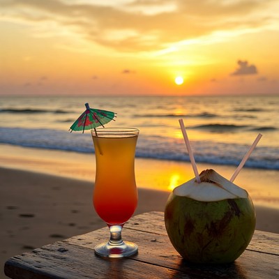 Tropical Sunset Cocktail and Coconut