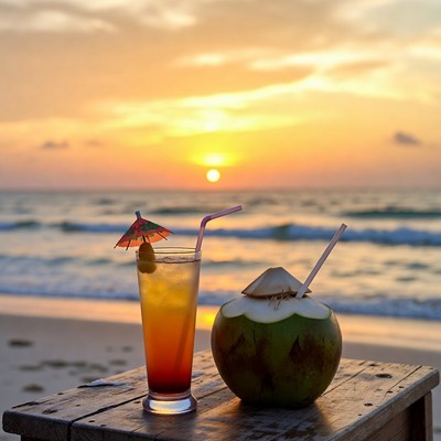 Tropical Drinks on Beach at Sunset