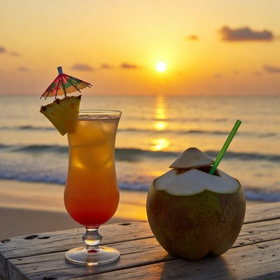 Tropical Drinks on Beach at Sunset