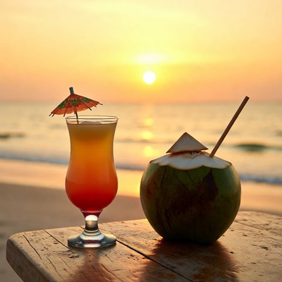 Tropical Drinks on Beach at Sunset