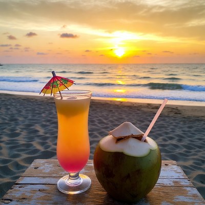 Tropical Drinks on Beach at Sunset