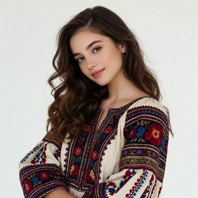 Woman in embroidered floral dress