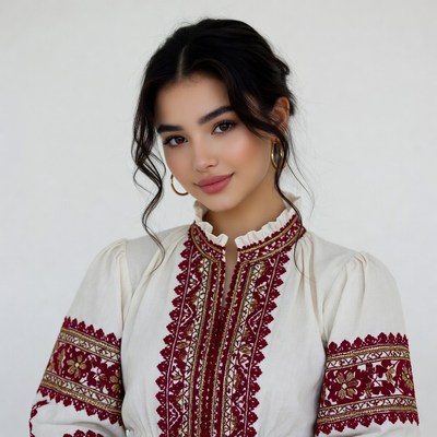 Woman in embroidered white blouse