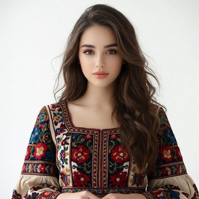 Woman in embroidered floral dress