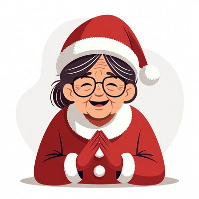 Elderly woman in Santa hat praying
