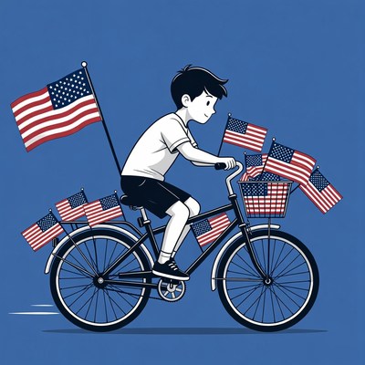 Boy riding bicycle with American flags